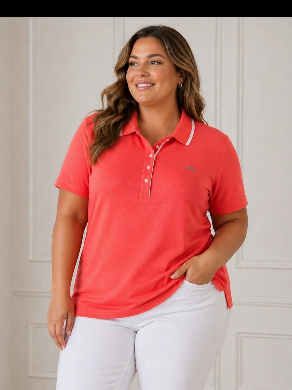 Nola Short Sleeve Polo Tee in Neon Coral with White Trim BNWT